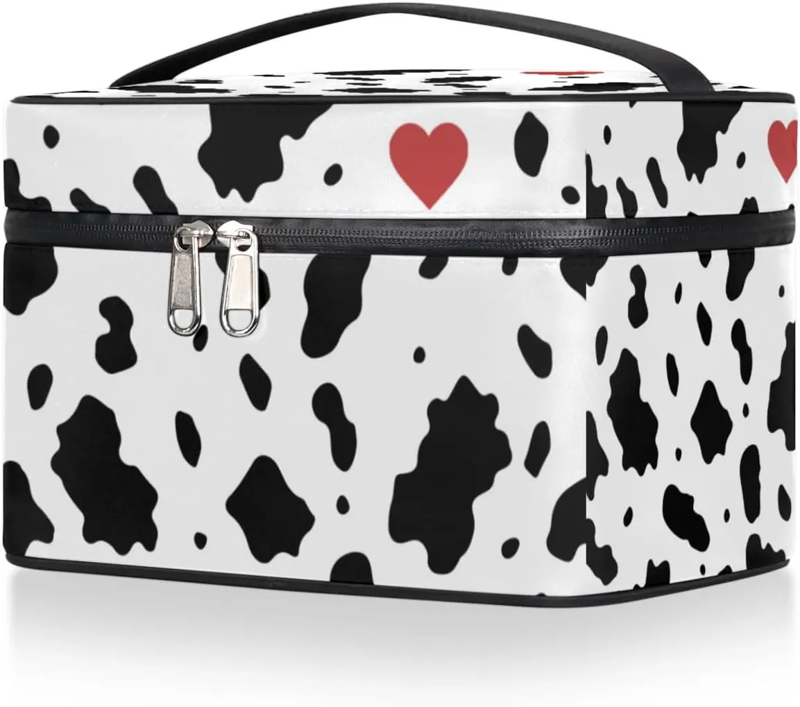 Makeup Bag,Cow Print Heart Cosmetic Bags for Woman Girls,Portable Large Capacity Travel Makeup Case Organizer Cosmetic Case Travel Essential