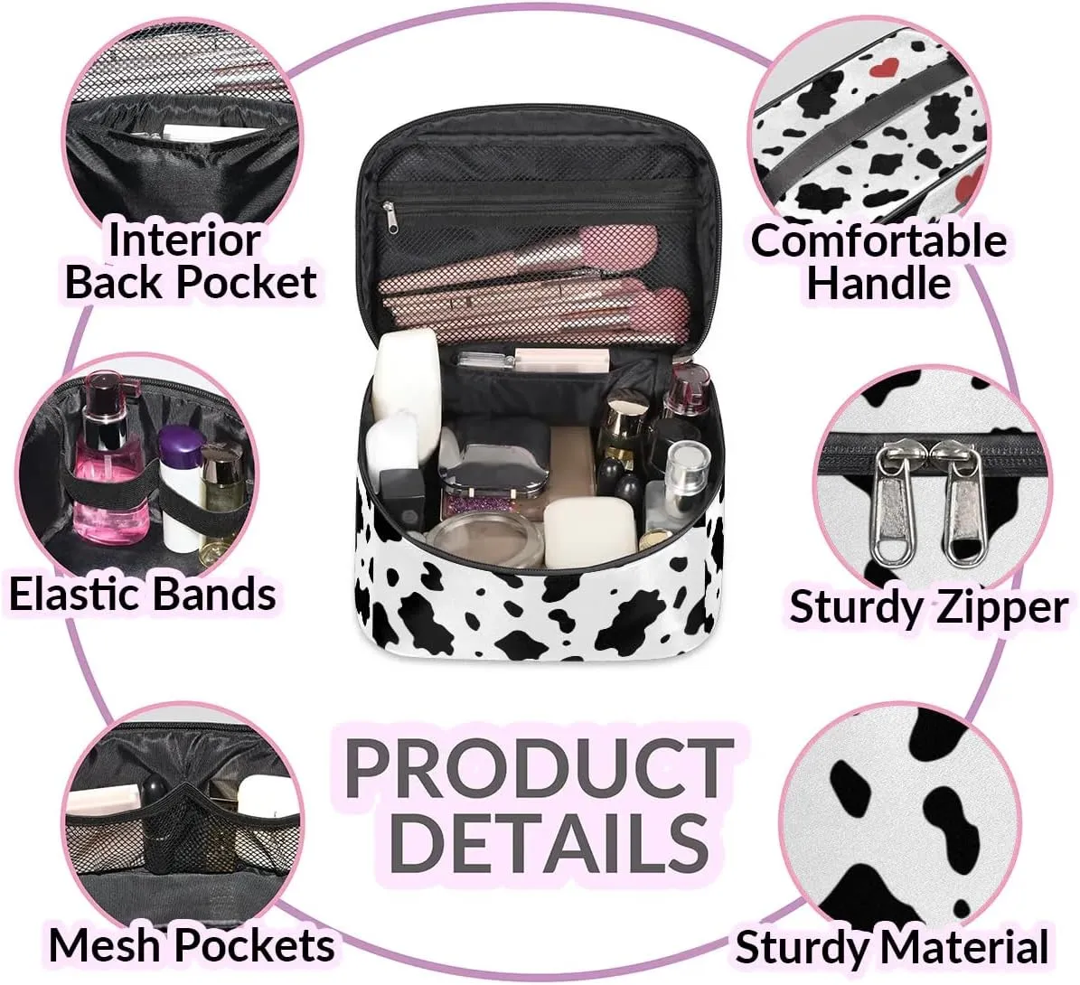 Makeup Bag,Cow Print Heart Cosmetic Bags for Woman Girls,Portable Large Capacity Travel Makeup Case Organizer Cosmetic Case Travel Essential