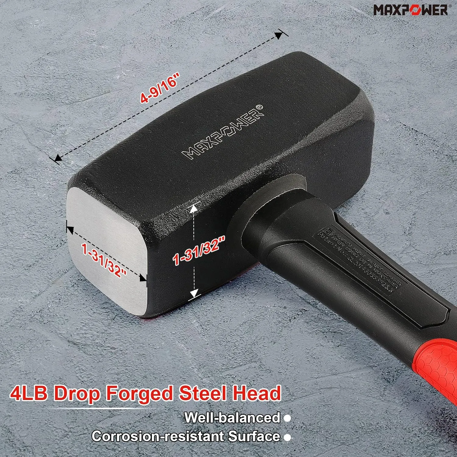 MAXPOWER 4lb Club Hammer, Mini Sledge Hammer with 9-inch Fiberglass Handle, Drop Forged Steel Head