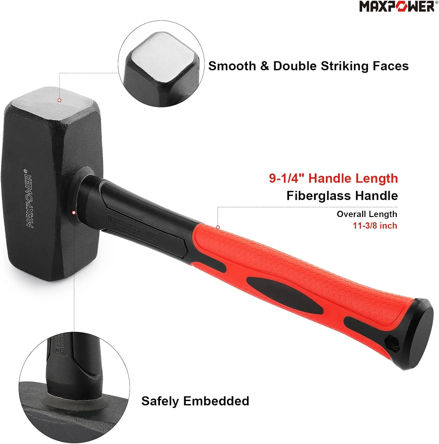 MAXPOWER 4lb Club Hammer, Mini Sledge Hammer with 9-inch Fiberglass Handle, Drop Forged Steel Head