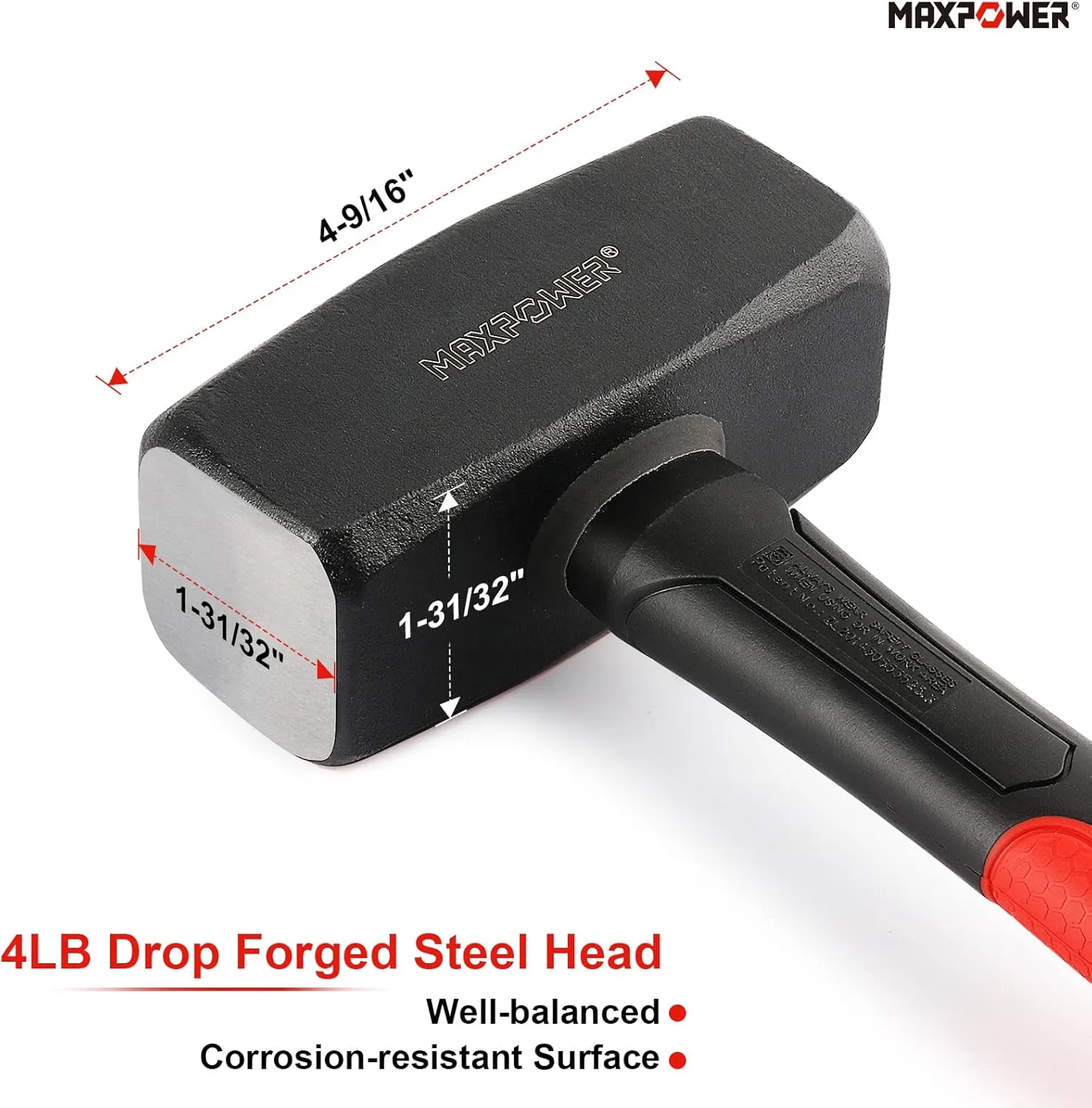 MAXPOWER 4lb Club Hammer, Mini Sledge Hammer with 9-inch Fiberglass Handle, Drop Forged Steel Head