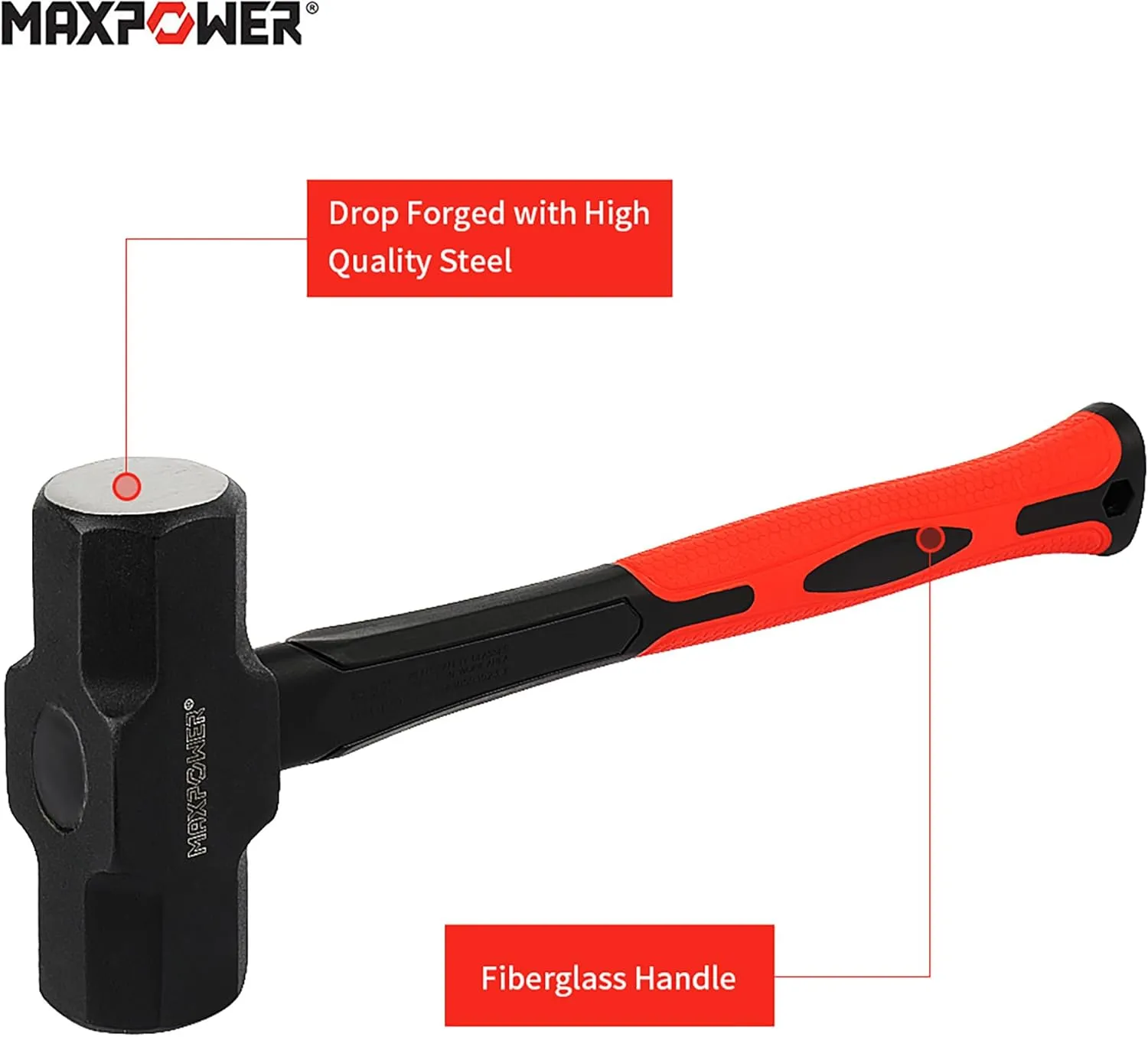 MAXPOWER 4lb Sledge Hammer, Steel Head, 12-inch Fiberglass Handle Shock-resistant
