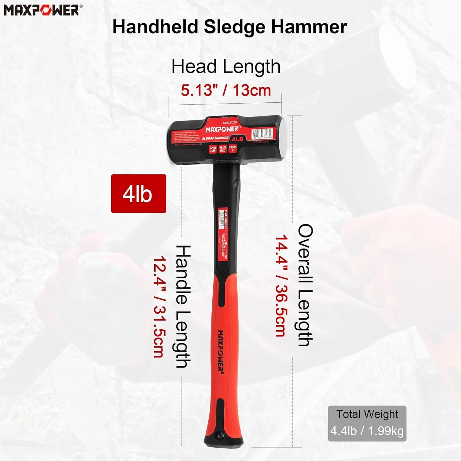 MAXPOWER 4lb Sledge Hammer, Steel Head, 12-inch Fiberglass Handle Shock-resistant