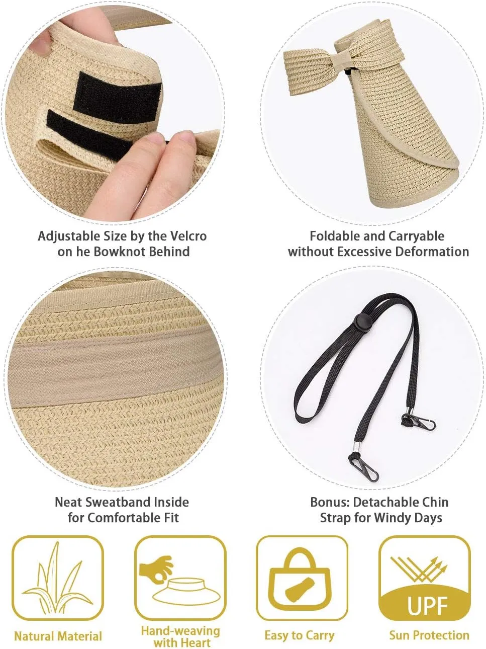 MAYLISACC Foldable Straw Sun Visors for Women, Sun Protecetion Wide Brim Sun Hats Adjustable Topless Beach Hat