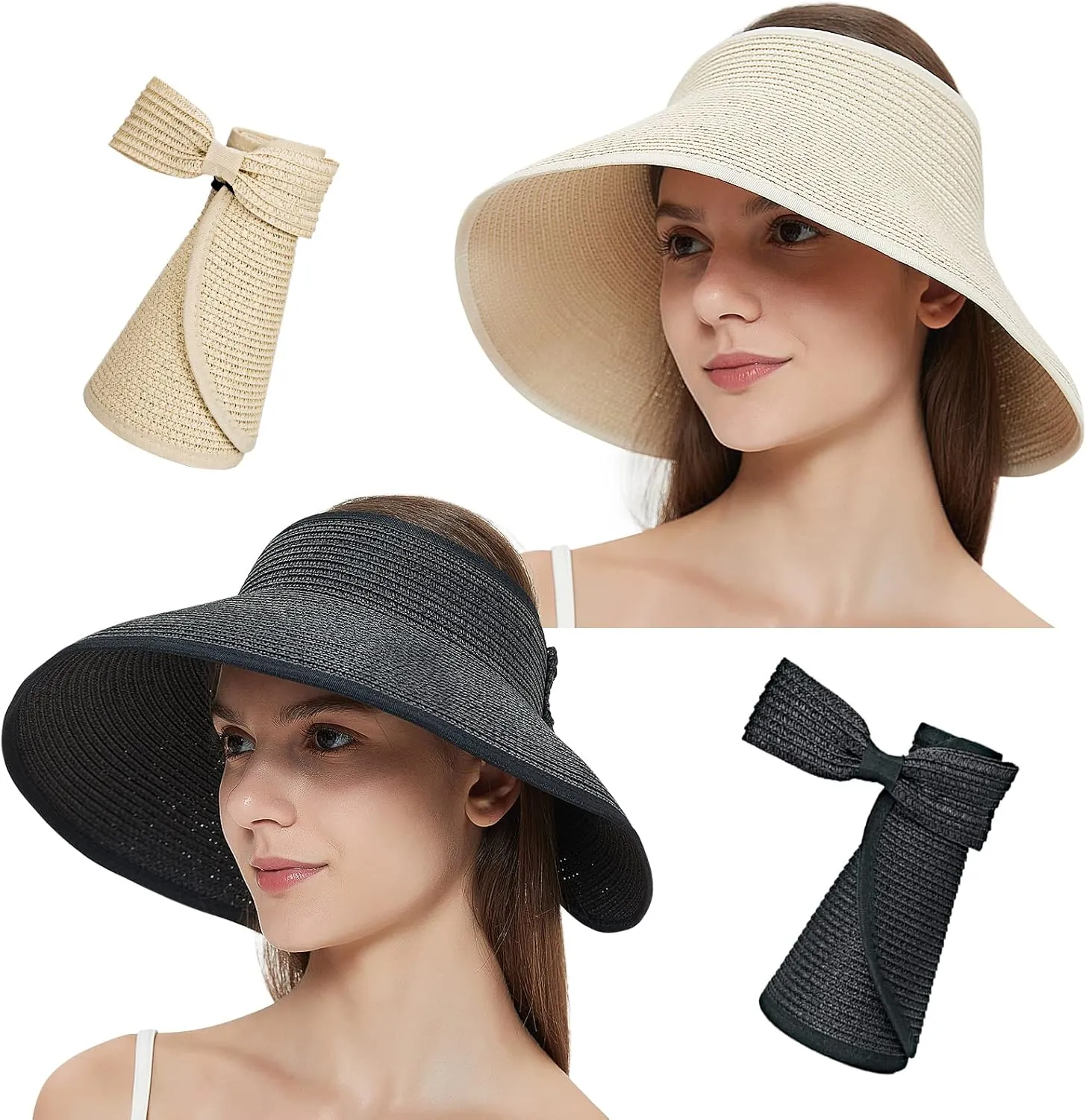 MAYLISACC Foldable Straw Sun Visors for Women, Sun Protecetion Wide Brim Sun Hats Adjustable Topless Beach Hat
