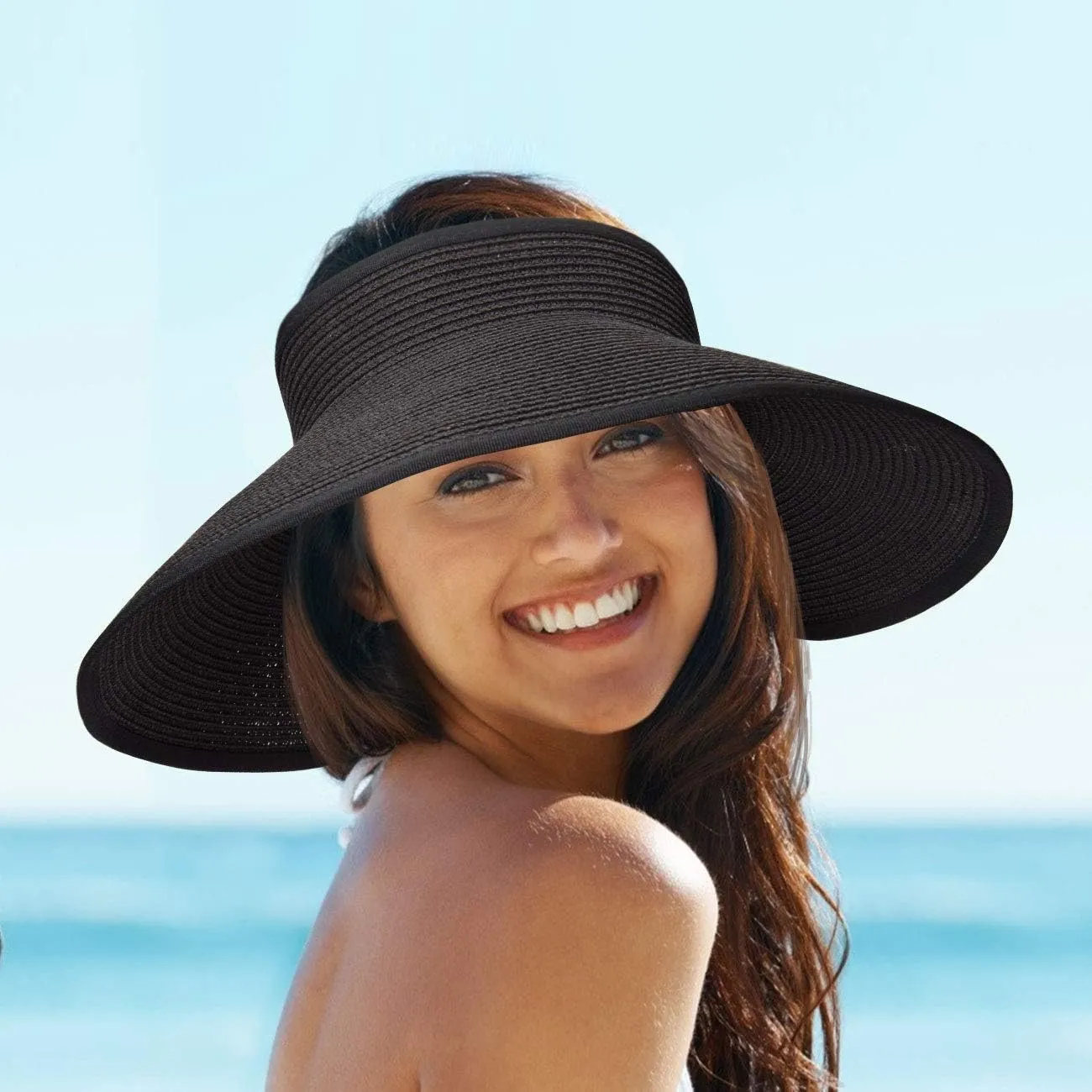 MAYLISACC Foldable Straw Sun Visors for Women, Sun Protecetion Wide Brim Sun Hats Adjustable Topless Beach Hat
