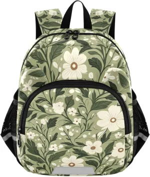 MCHIVER Floral Foliage Blossom Sage Toddler Backpack for Boys Girls 3-6 Preschool Lightweight Kids Backpack with Reflective Strips and Bag Leash for Daycare Kindergarten Travel