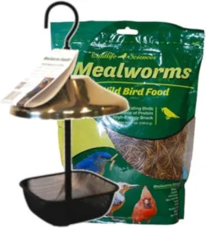 Mealworms and Bird Feeder Combo | 7 oz Bag of Mealworms and 5 x 5 inch Powder Coated Mesh Bowl with Adjustable Roof
