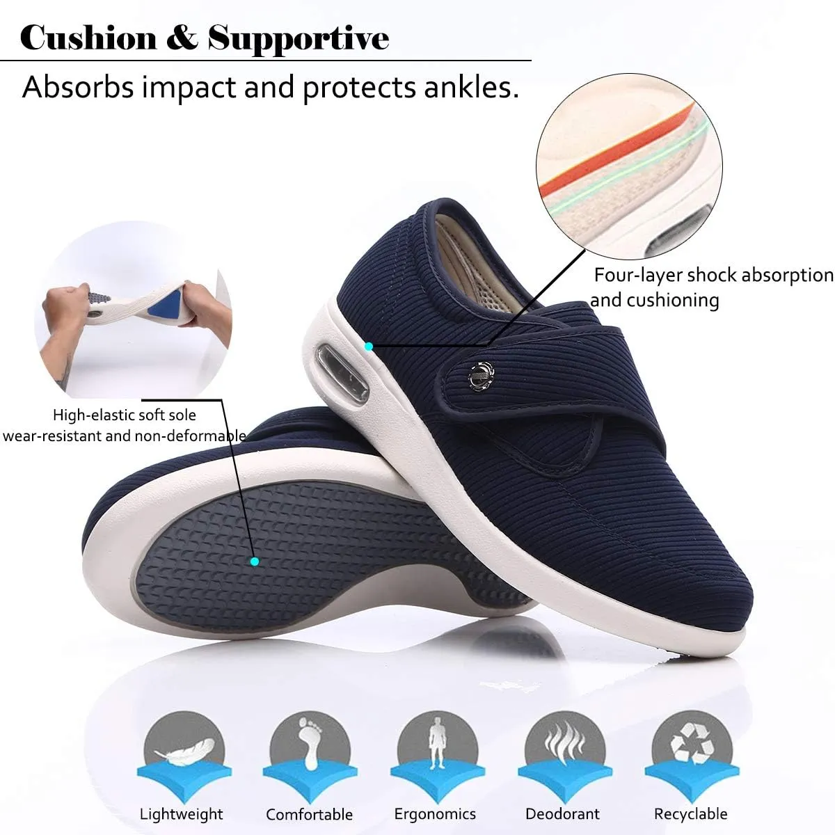 Mei MACLEOD Women's Diabetic Shoes with Adjustable Strap Lightweight Wide Walking Shoes Edema Swollen Feet Shoes