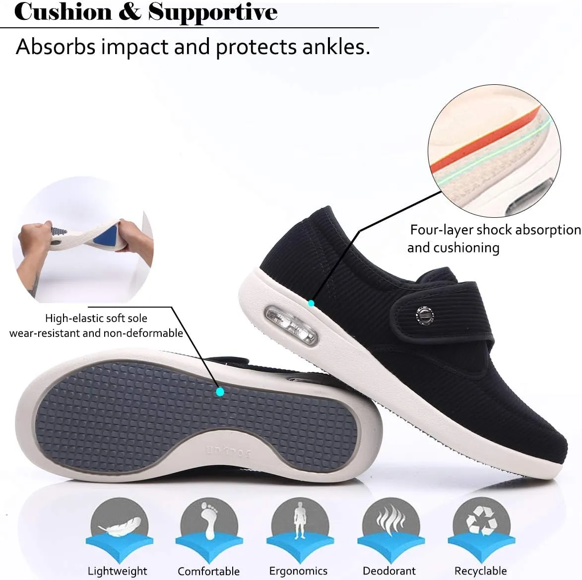 Mei MACLEOD Women's Diabetic Shoes with Adjustable Strap Lightweight Wide Walking Shoes Edema Swollen Feet Shoes