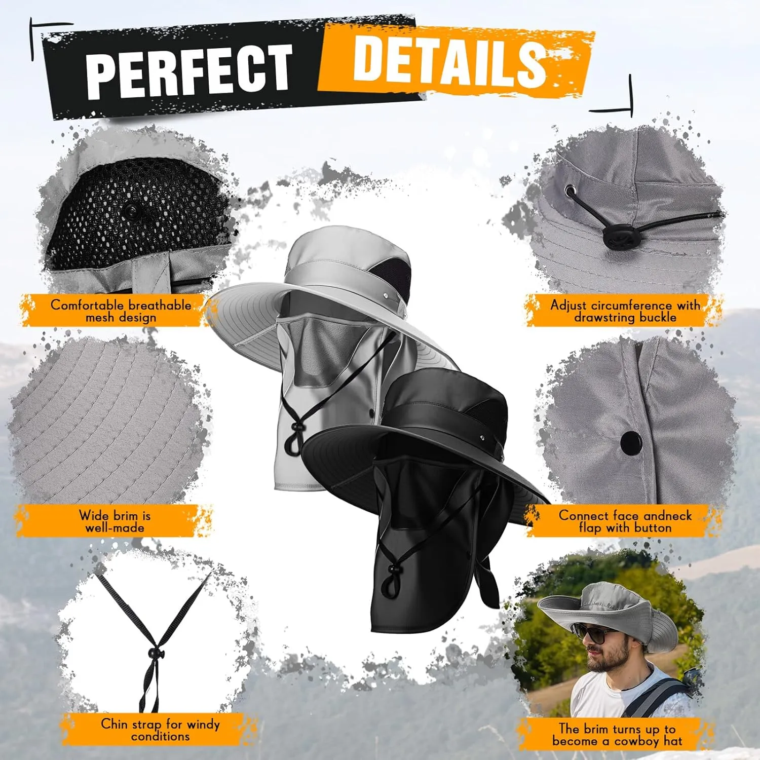 Mens Sun Hat with Face Cover Neck Flap XXL UPF 50  Sun Protection Wide Brim Fishing Hat