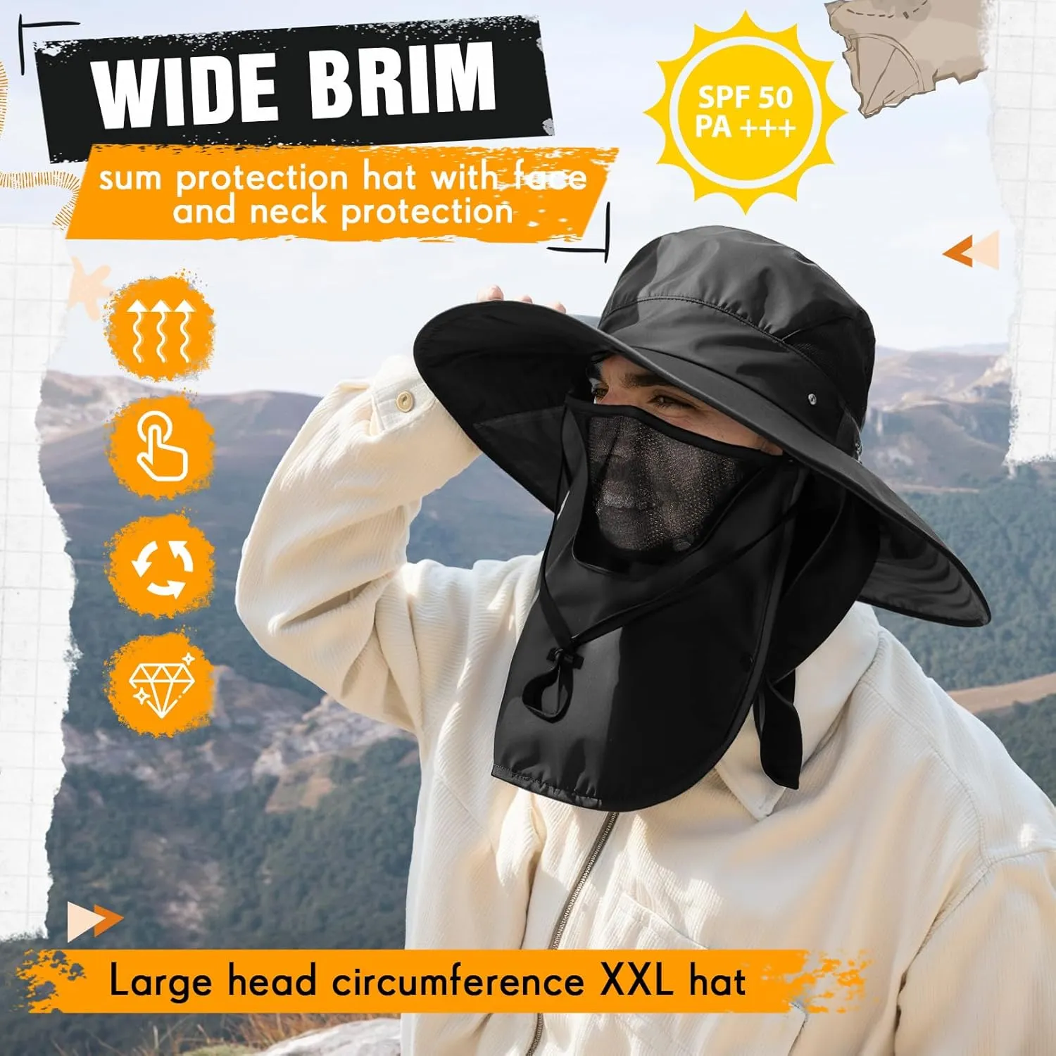 Mens Sun Hat with Face Cover Neck Flap XXL UPF 50  Sun Protection Wide Brim Fishing Hat