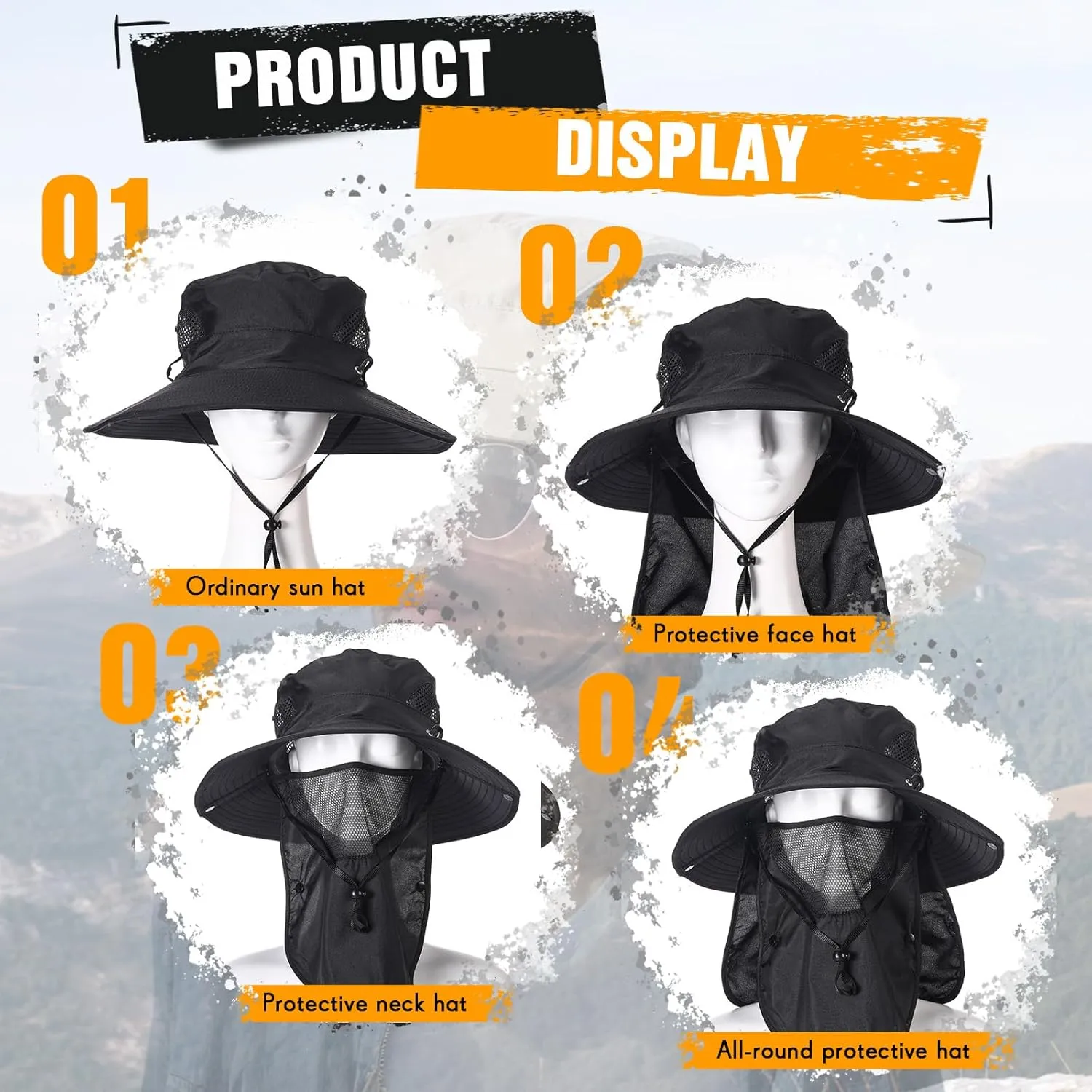 Mens Sun Hat with Face Cover Neck Flap XXL UPF 50  Sun Protection Wide Brim Fishing Hat