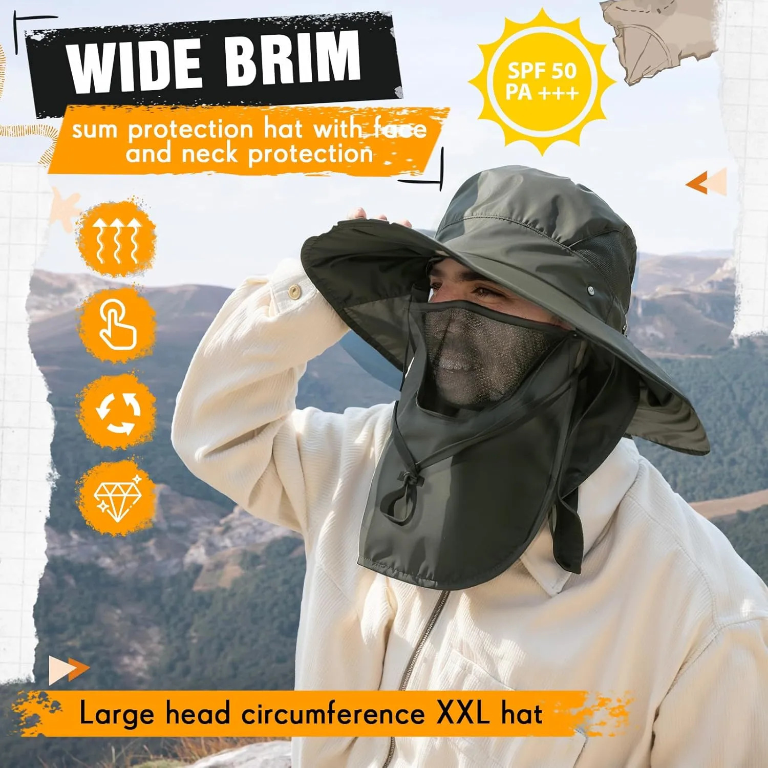 Mens Sun Hat with Face Cover Neck Flap XXL UPF 50  Sun Protection Wide Brim Fishing Hat