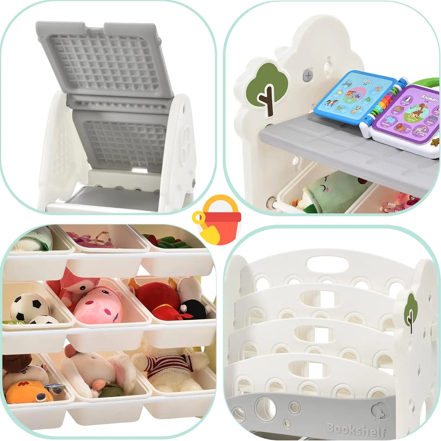 Merax Toy Storage Organizer with Kids Bookshelf, Toy Organizer with 17 Bins and 5-Tier Bookshelf for Kids Bedroom Playroom Living Room (All-in-One, White)