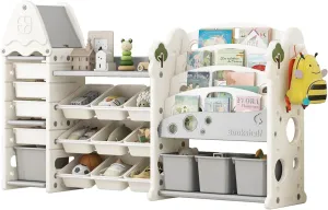 Merax Toy Storage Organizer with Kids Bookshelf, Toy Organizer with 17 Bins and 5-Tier Bookshelf for Kids Bedroom Playroom Living Room (All-in-One, White)