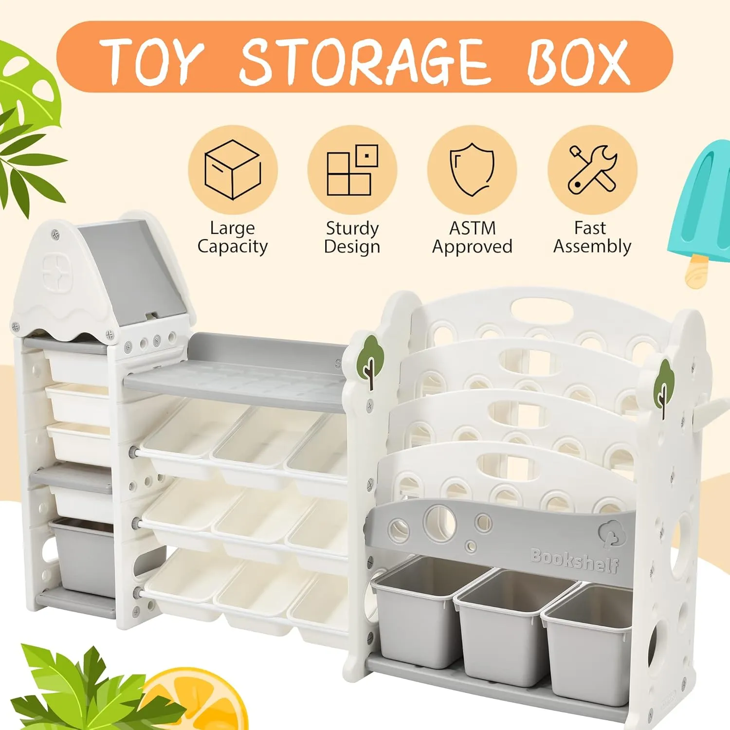 Merax Toy Storage Organizer with Kids Bookshelf, Toy Organizer with 17 Bins and 5-Tier Bookshelf for Kids Bedroom Playroom Living Room (All-in-One, White)
