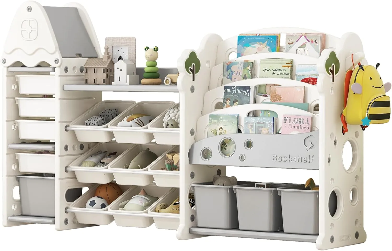 Merax Toy Storage Organizer with Kids Bookshelf, Toy Organizer with 17 Bins and 5-Tier Bookshelf for Kids Bedroom Playroom Living Room (All-in-One, White)