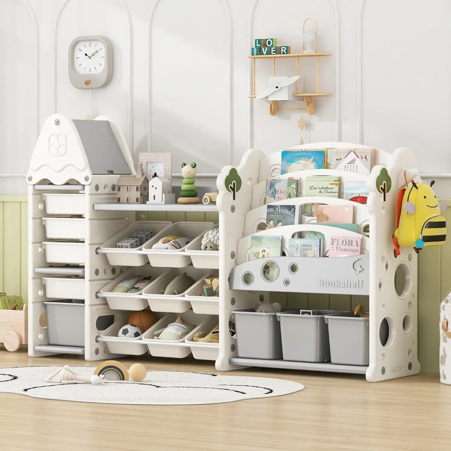 Merax Toy Storage Organizer with Kids Bookshelf, Toy Organizer with 17 Bins and 5-Tier Bookshelf for Kids Bedroom Playroom Living Room (All-in-One, White)