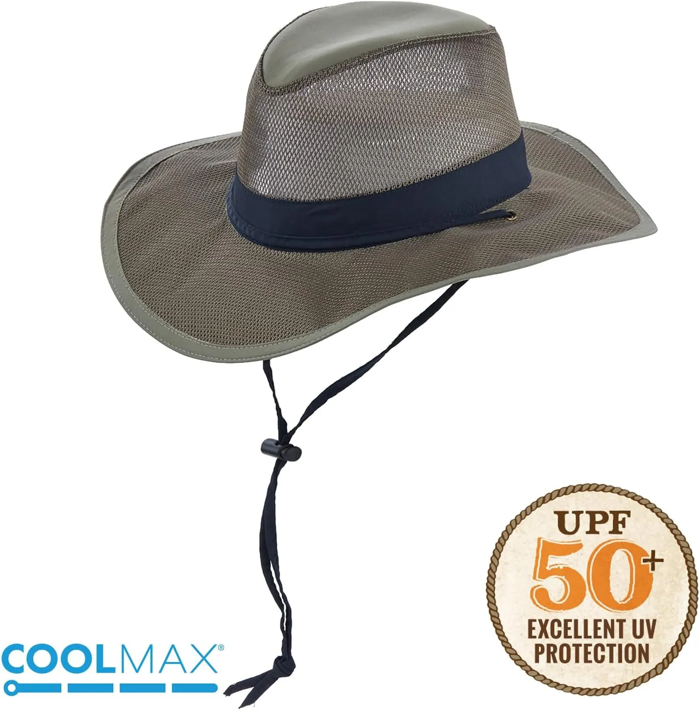 Mesh Crown Safari Men's Sun Hat, 3" Brim, Adjustable Chin Cord, UPF (SPF) 50  Sunhat Protection