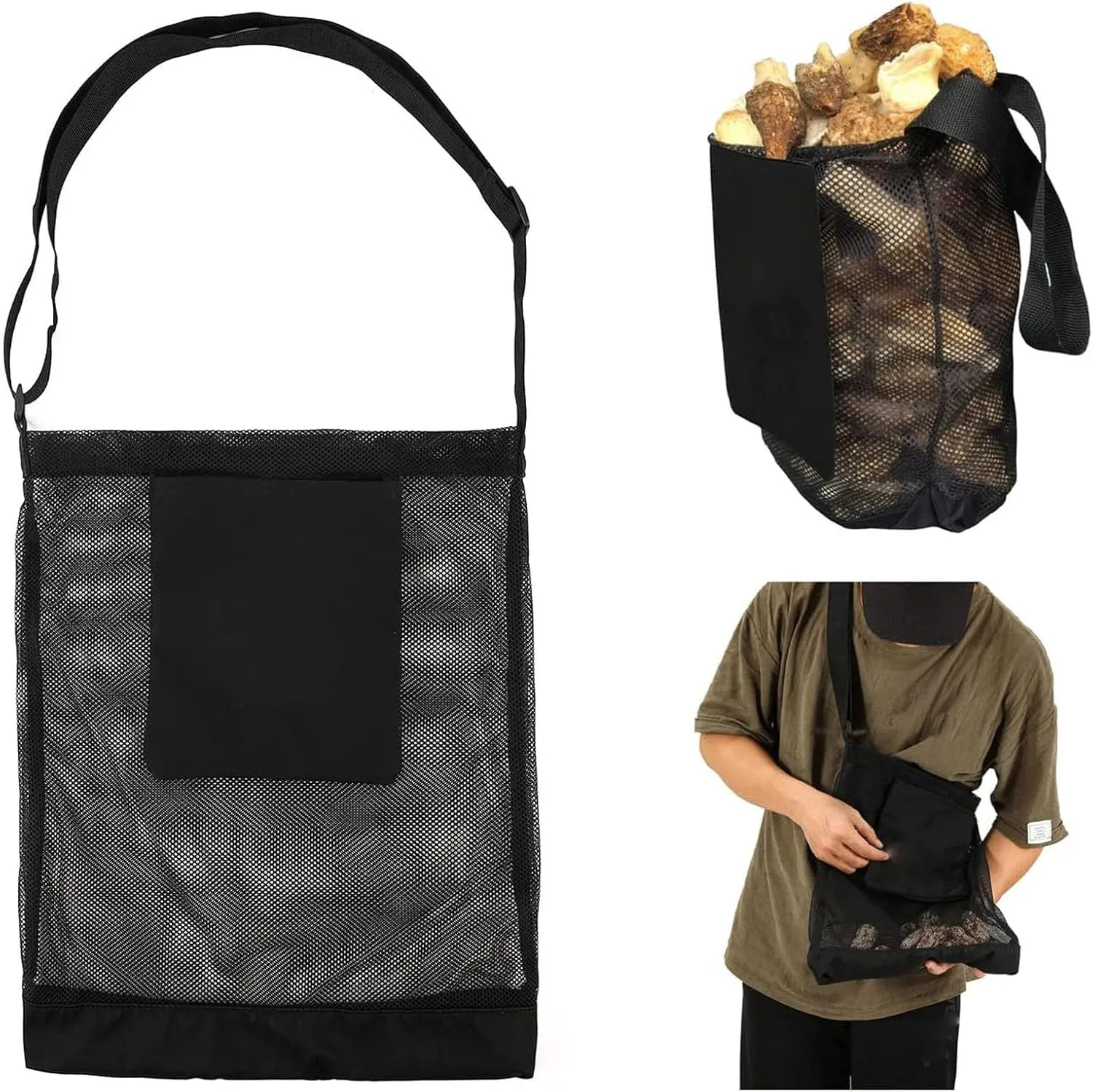 Mesh Pouch Harvesting Bag, Large Capacity Mushroom Foraging Bag, Folding Mushroom Basket with Adjustable Shoulder Strap for Garden Fruit Picking