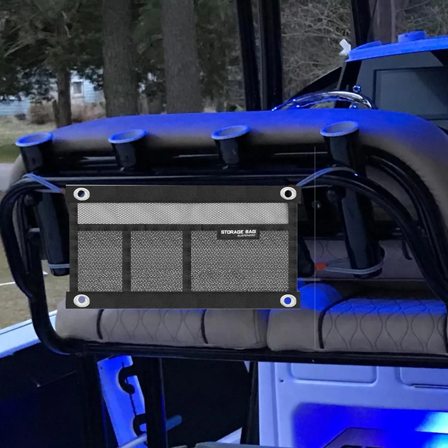 Mesh Storage Bag Kayak Storage Compartments Set Attaches to Kayak Seat,Boat Suspended Storage Organizer with 4 pcs Elastic Ring (12 INCH-3Pockets)