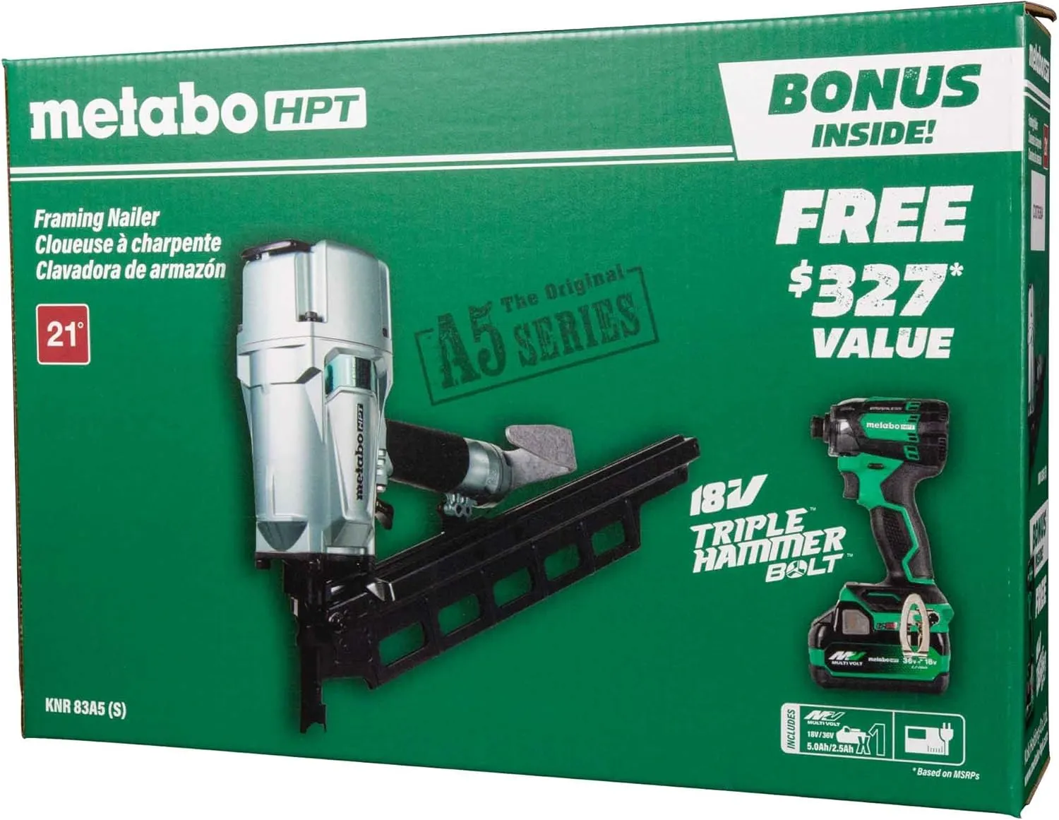 Metabo HPT Pneumatic Framing Nailer   18V Impact Driver Pro Bundle Kit, 3-1/4-Inch Framing Nailer with BONUS 18V Triple Hammer Impact Driver Kit, KNR83A5(S)