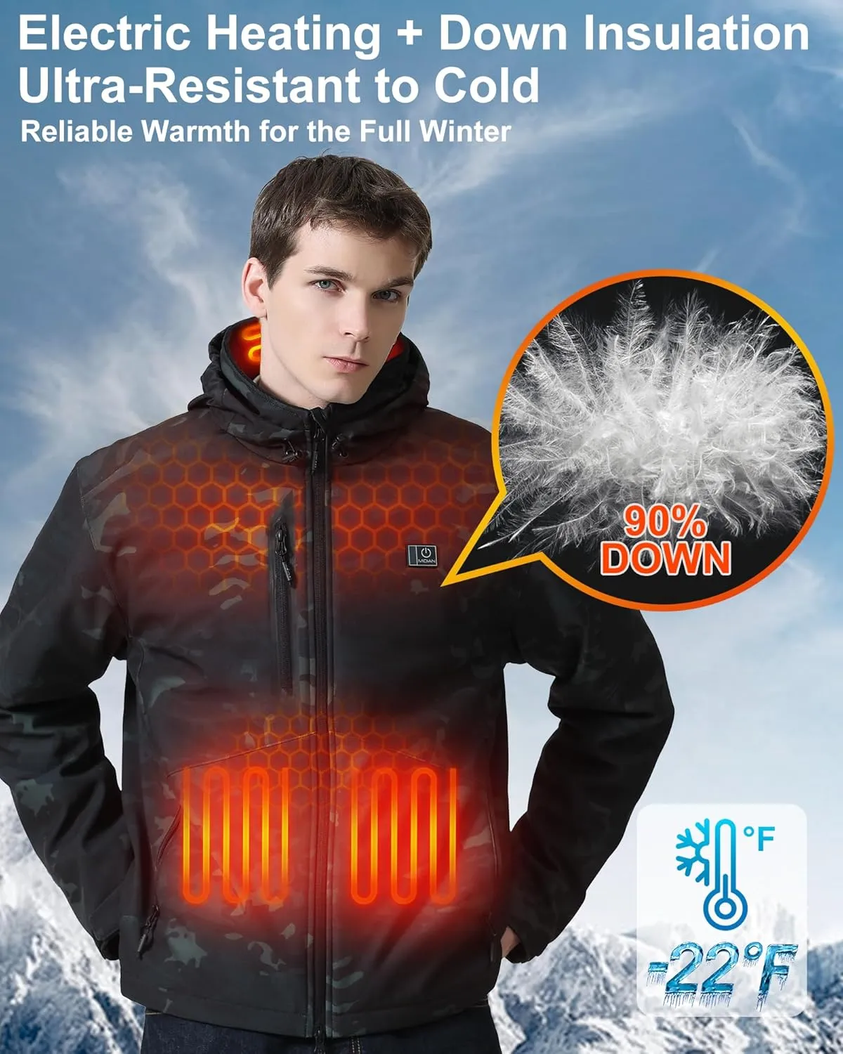 MIDIAN Heated Jacket with Battery Pack Down Insulation 8 Heat Zones Soft Shell Foldable Hood Overheat Protection