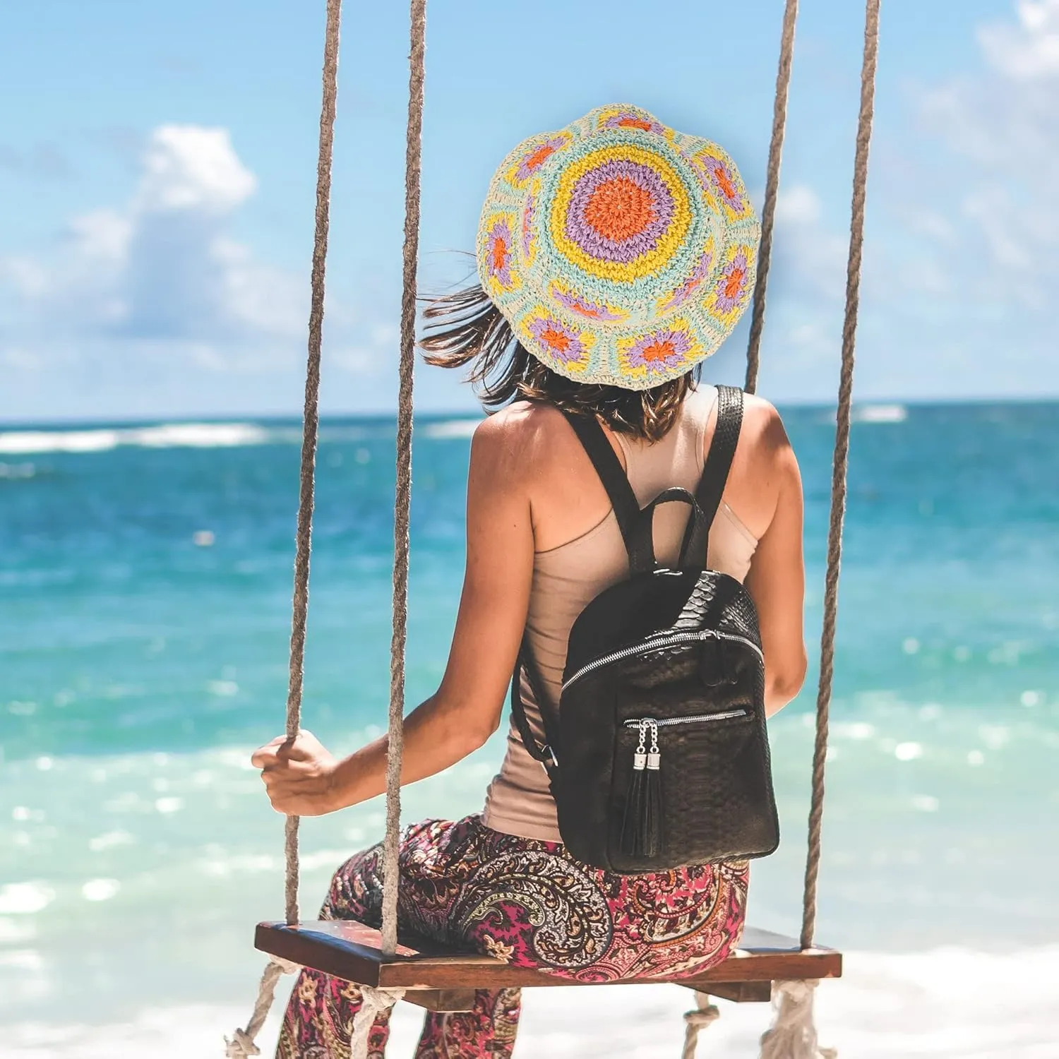 Minache Women Crochet Bucket Hats Floppy Beach Hat Floral Cap Foldable Outdoor Knitted Beanies