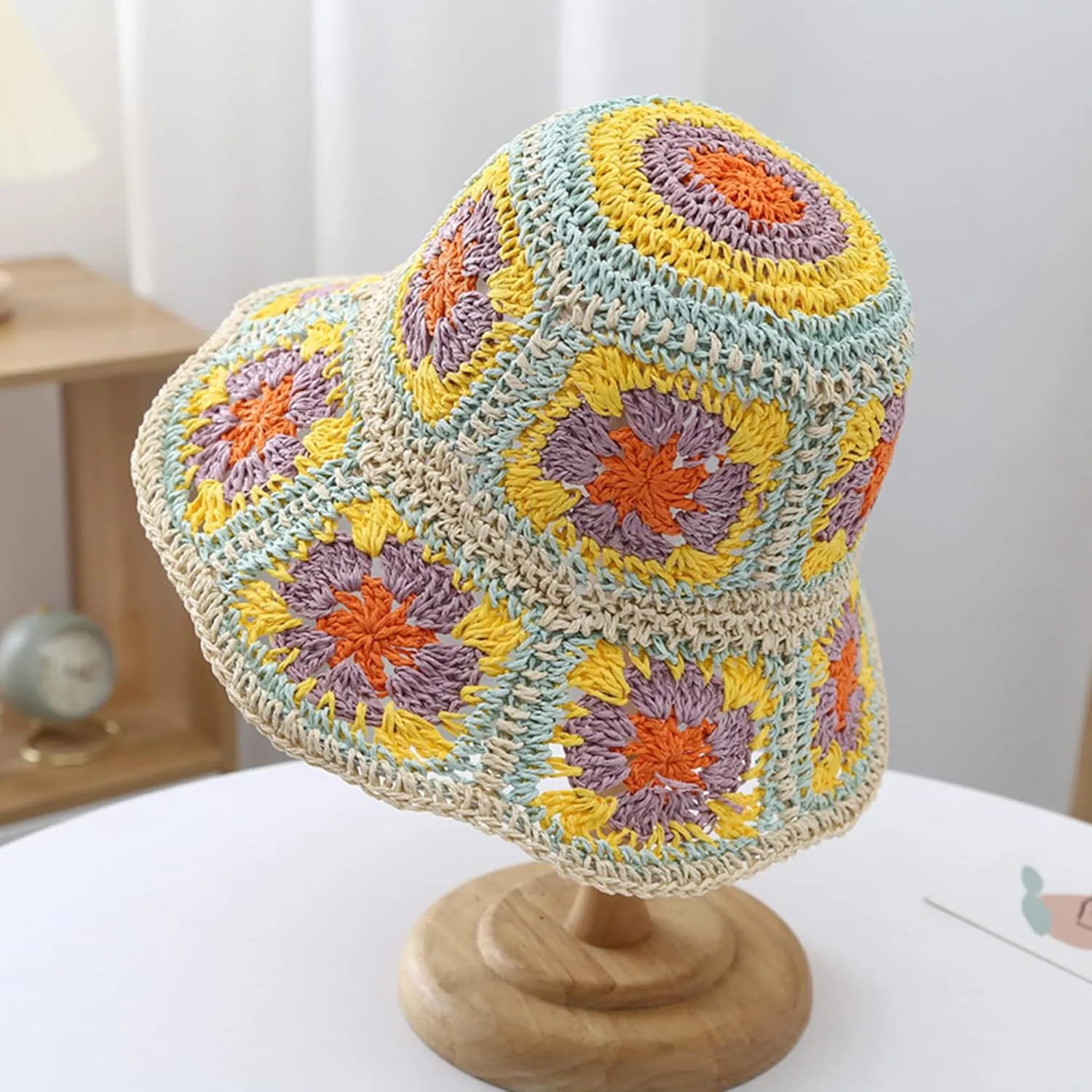 Minache Women Crochet Bucket Hats Floppy Beach Hat Floral Cap Foldable Outdoor Knitted Beanies