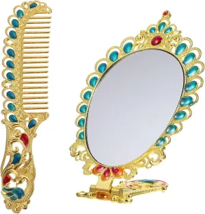 Mirror Comb Set Peacock Pattern Vintage Hand Mirror Metal Makeup Mirror Foldable Cosmetic Mirror for Women Girl (Golden)