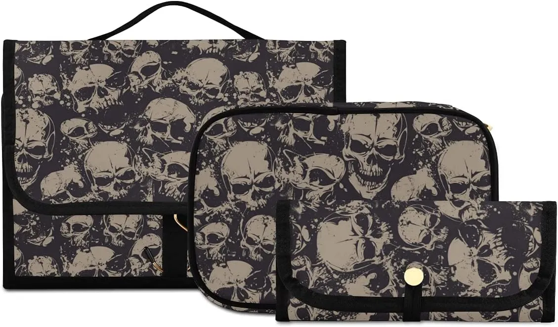 MNSRUU Gothic Toiletry Bags for Traveling, Grunge Skulls Women Makeup Bag Hanging Toiletry Bag Cosmetic Bag 3 Pack Portable Clear Toiletry Kit Makeup Brush Bag Organization and Storage