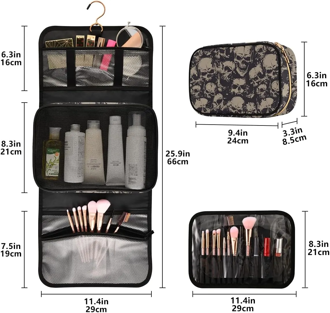 MNSRUU Gothic Toiletry Bags for Traveling, Grunge Skulls Women Makeup Bag Hanging Toiletry Bag Cosmetic Bag 3 Pack Portable Clear Toiletry Kit Makeup Brush Bag Organization and Storage