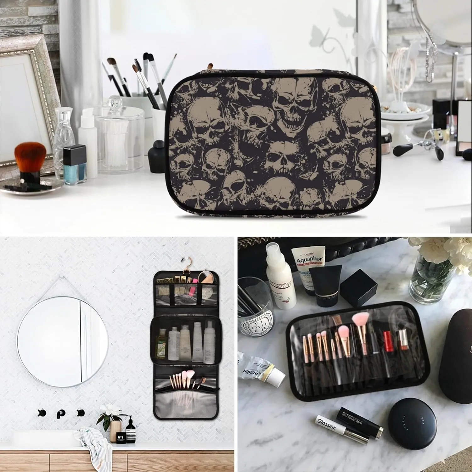 MNSRUU Gothic Toiletry Bags for Traveling, Grunge Skulls Women Makeup Bag Hanging Toiletry Bag Cosmetic Bag 3 Pack Portable Clear Toiletry Kit Makeup Brush Bag Organization and Storage