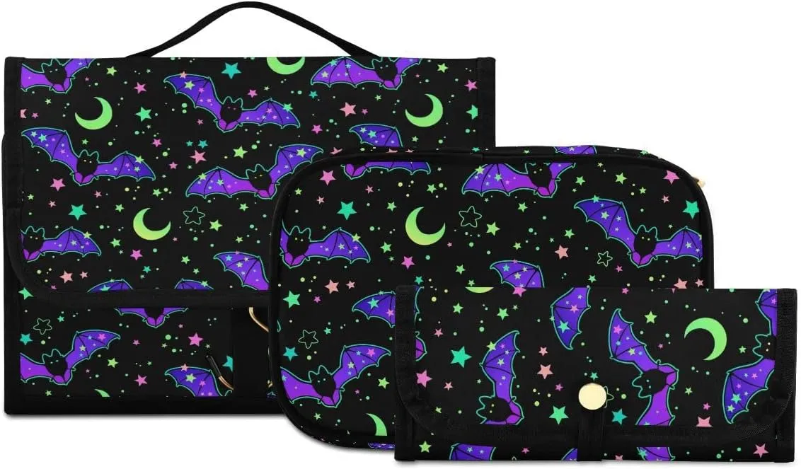 MNSRUU Gothic Toiletry Bags for Traveling, Magic Galaxy Bat Women Makeup Bag Hanging Toiletry Bag Cosmetic Bag 3 Pack Portable Clear Toiletry Kit Makeup Brush Bag Organization and Storage