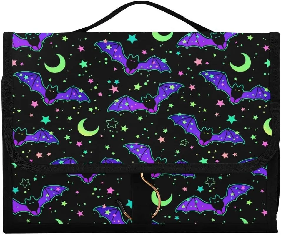 MNSRUU Gothic Toiletry Bags for Traveling, Magic Galaxy Bat Women Makeup Bag Hanging Toiletry Bag Cosmetic Bag 3 Pack Portable Clear Toiletry Kit Makeup Brush Bag Organization and Storage