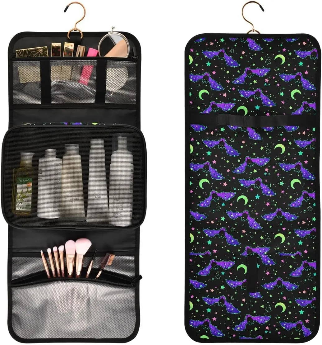 MNSRUU Gothic Toiletry Bags for Traveling, Magic Galaxy Bat Women Makeup Bag Hanging Toiletry Bag Cosmetic Bag 3 Pack Portable Clear Toiletry Kit Makeup Brush Bag Organization and Storage