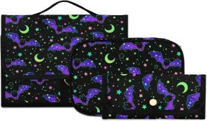 MNSRUU Gothic Toiletry Bags for Traveling, Magic Galaxy Bat Women Makeup Bag Hanging Toiletry Bag Cosmetic Bag 3 Pack Portable Clear Toiletry Kit Makeup Brush Bag Organization and Storage