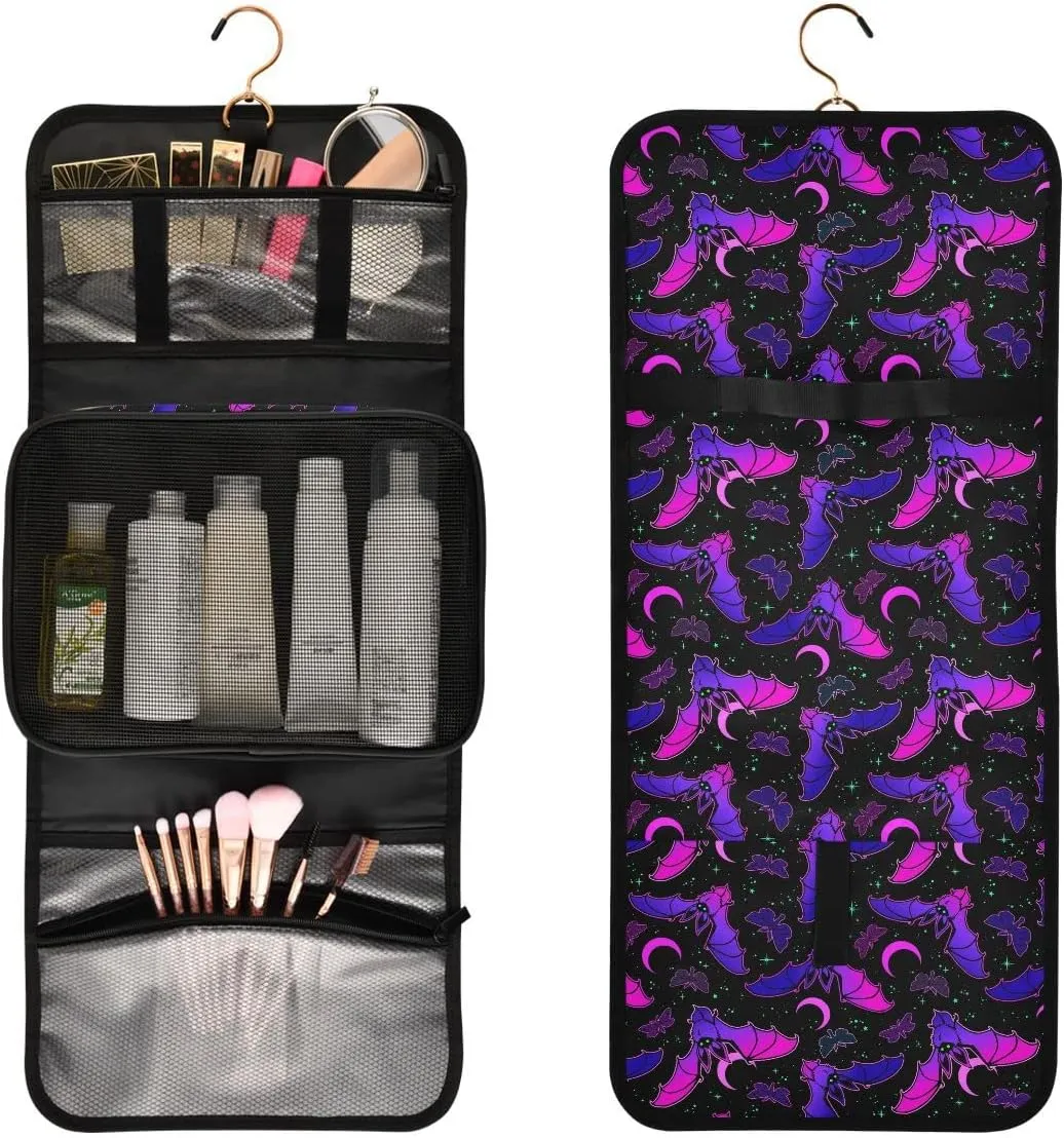 MNSRUU Gothic Toiletry Bags for Traveling, Purple Bat Gothic Women Makeup Bag Hanging Toiletry Bag Cosmetic Bag 3 Pack Portable Clear Toiletry Kit Makeup Brush Bag Organization and Storage