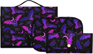 MNSRUU Gothic Toiletry Bags for Traveling, Purple Bat Gothic Women Makeup Bag Hanging Toiletry Bag Cosmetic Bag 3 Pack Portable Clear Toiletry Kit Makeup Brush Bag Organization and Storage
