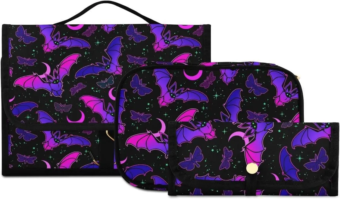MNSRUU Gothic Toiletry Bags for Traveling, Purple Bat Gothic Women Makeup Bag Hanging Toiletry Bag Cosmetic Bag 3 Pack Portable Clear Toiletry Kit Makeup Brush Bag Organization and Storage