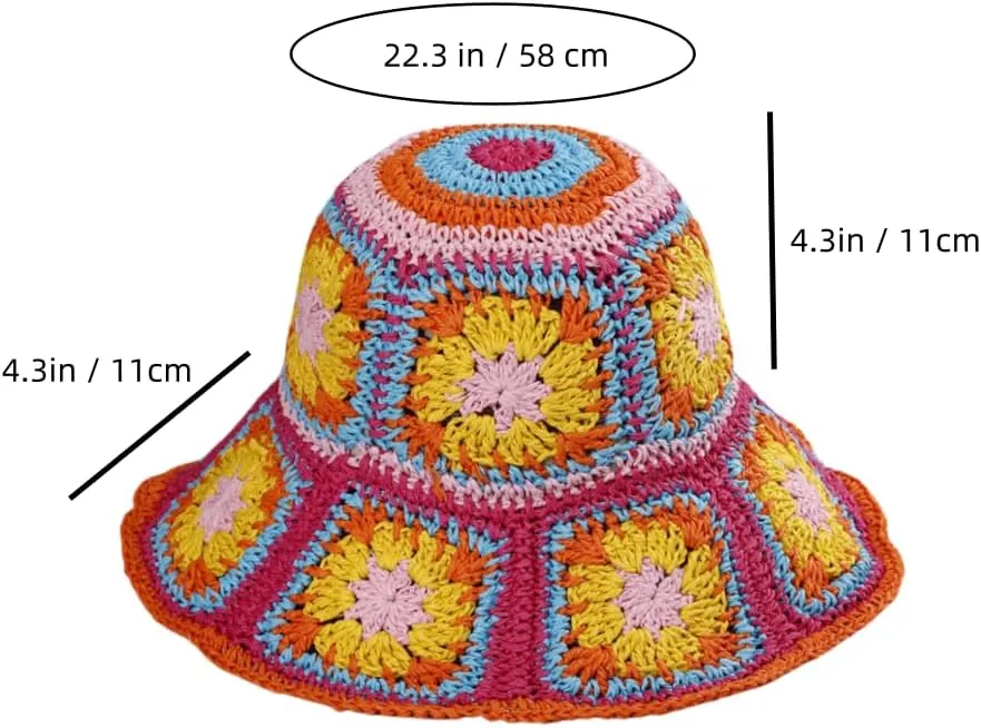 Multicolor Floral Crochet Straw Sun Hat, Foldable Wide Brim Bucket Hat, Packable Fishing Hat, Summer Beach Cap for Women