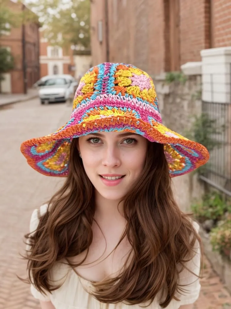 Multicolor Floral Crochet Straw Sun Hat, Foldable Wide Brim Bucket Hat, Packable Fishing Hat, Summer Beach Cap for Women