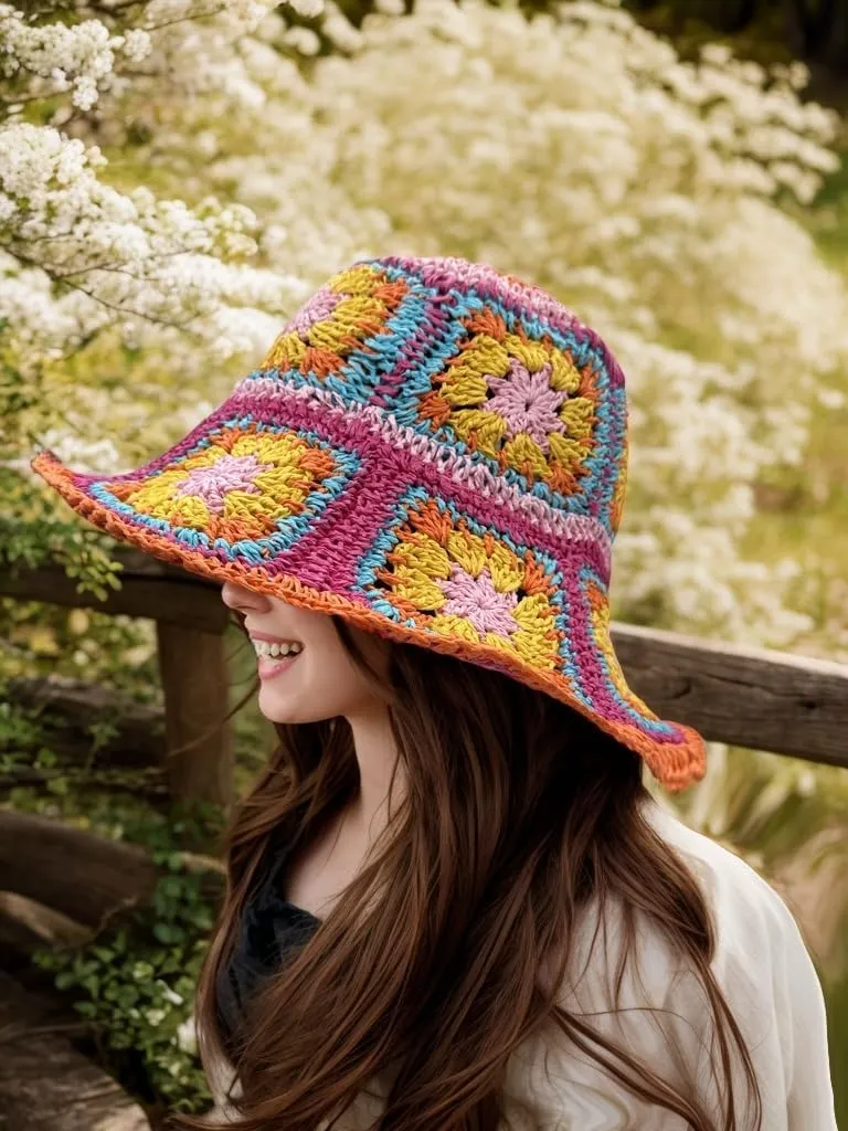 Multicolor Floral Crochet Straw Sun Hat, Foldable Wide Brim Bucket Hat, Packable Fishing Hat, Summer Beach Cap for Women