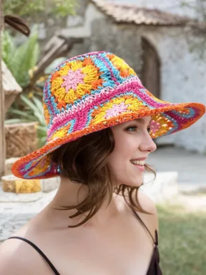 Multicolor Floral Crochet Straw Sun Hat, Foldable Wide Brim Bucket Hat, Packable Fishing Hat, Summer Beach Cap for Women