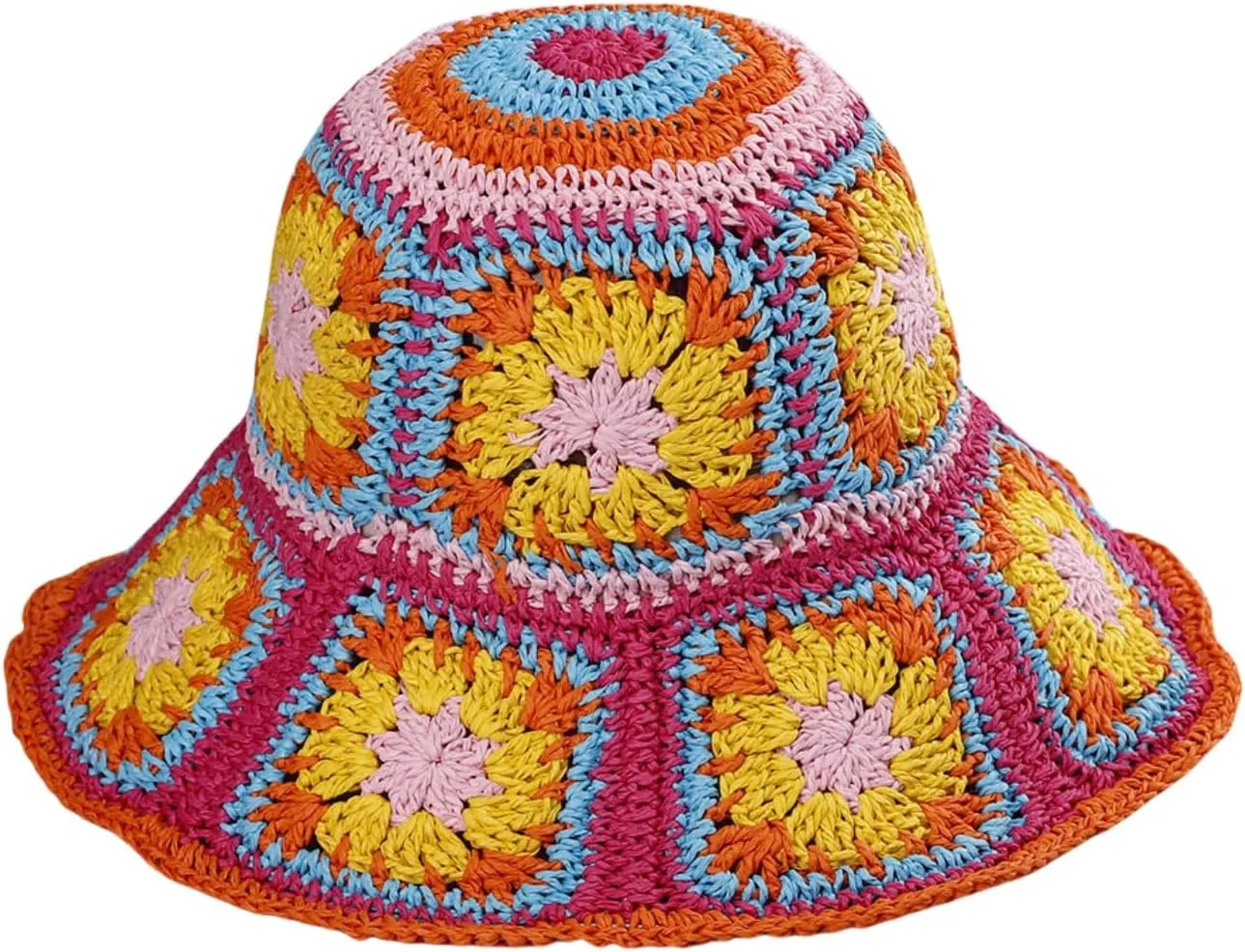Multicolor Floral Crochet Straw Sun Hat, Foldable Wide Brim Bucket Hat, Packable Fishing Hat, Summer Beach Cap for Women