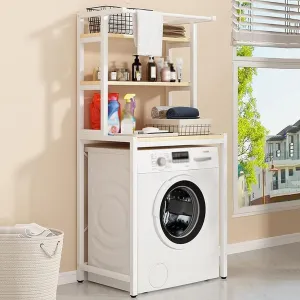 Multifunctional Over The Washer and Dryer Storage Shelf, Bathroom Space Saving Organizer Rack with Clothes Hanging Rod Rail, Balcony Towel Rack Handbag Rack, Bathroom Organization Shelving Units ( Col