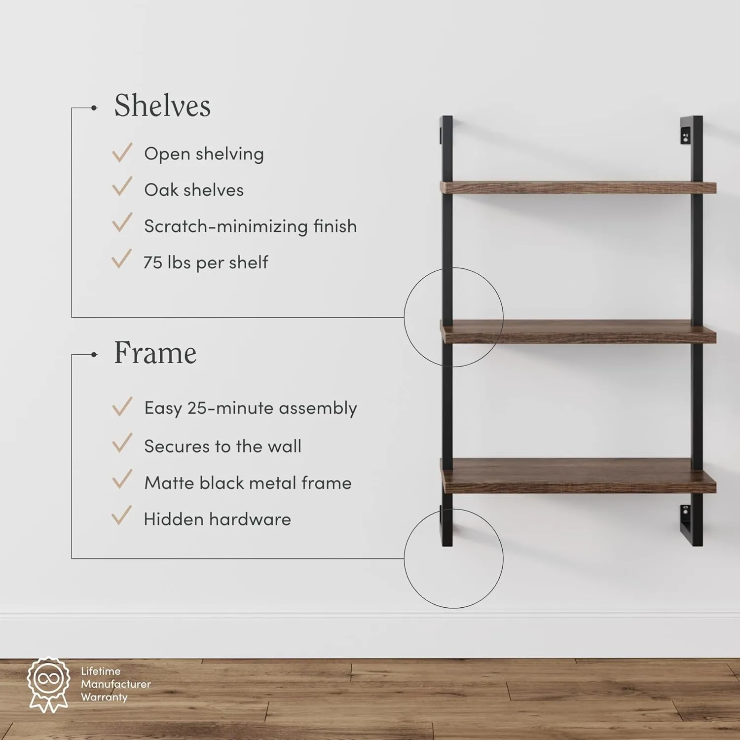Nathan James Theo 3-Shelf Small Bookcase, Floating Wall Mount Bookshelf with Wood and Industrial Pipe/Metal Frame, Rustic Oak/Matte Black