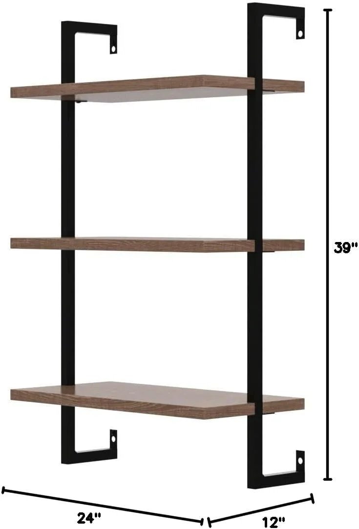 Nathan James Theo 3-Shelf Small Bookcase, Floating Wall Mount Bookshelf with Wood and Industrial Pipe/Metal Frame, Rustic Oak/Matte Black