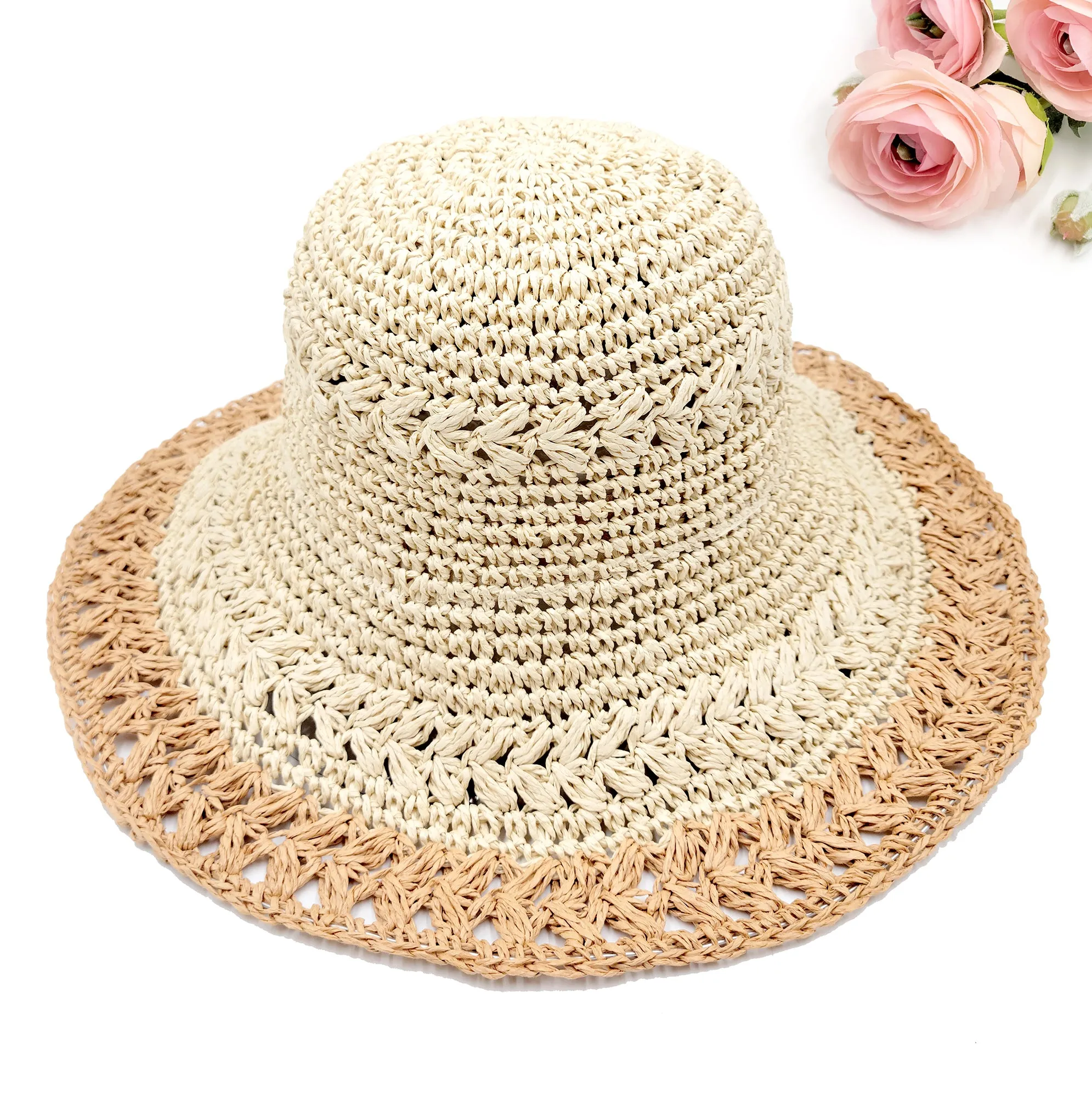 Natural Crochet Size Adjustable Foldable Straw Beach Hat